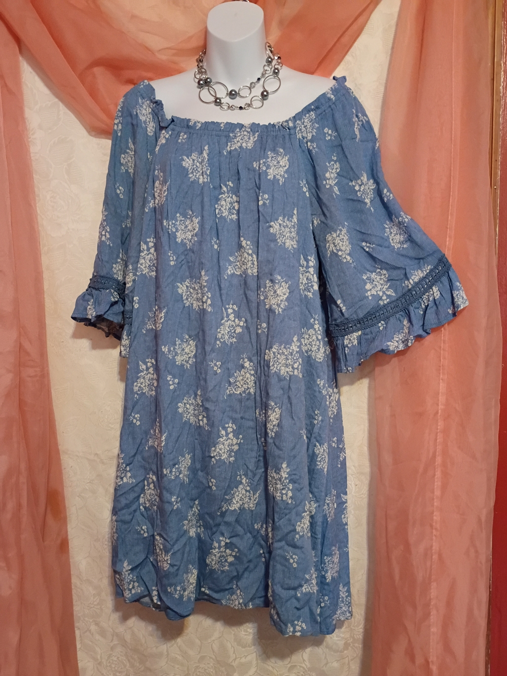 NAIF Blue Floral Off-Shoulder Midi Dress Sz Lg